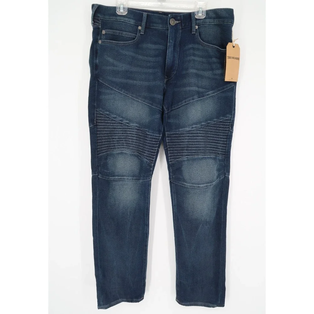 True Religion Mens Geno Moto Relaxed‎ Slim Jeans Denim Blue Size 36x33 NWT